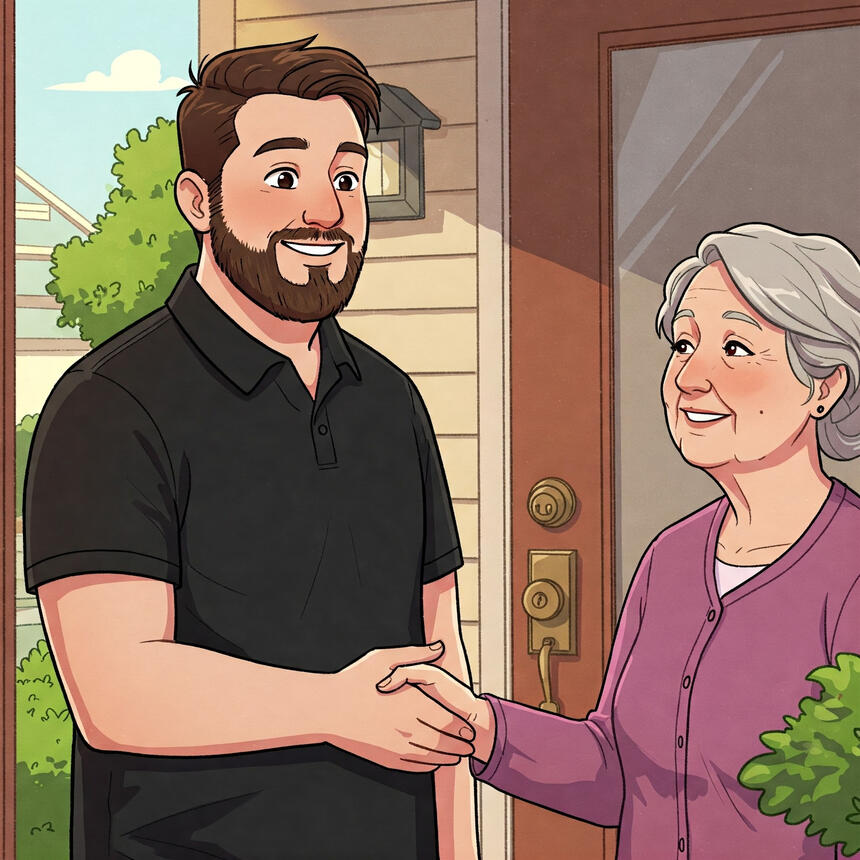 techCapable employee greeting a woman with a smile.